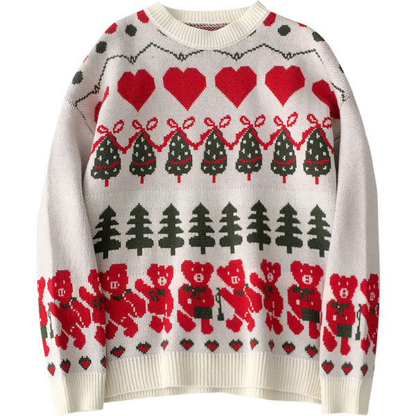 Karácsonyi női pulóver bézs és piros széles modellben