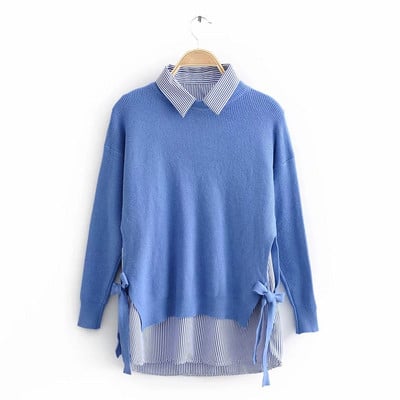 Μοντέρνο γυναικείο σετ - πουλόβερ με κορδόνια και ριγέ πουκάμισο