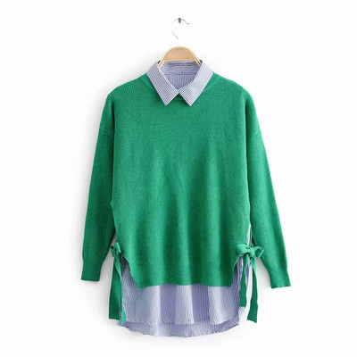 Μοντέρνο γυναικείο σετ - πουλόβερ με κορδόνια και ριγέ πουκάμισο