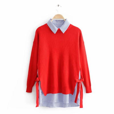 Μοντέρνο γυναικείο σετ - πουλόβερ με κορδόνια και ριγέ πουκάμισο