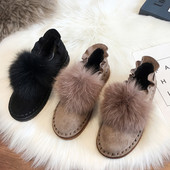 Pantofi casual de iarna de dama cu puf cu talpa plata in bej si negru