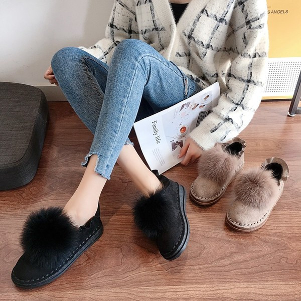 Pantofi casual de iarna de dama cu puf cu talpa plata in bej si negru