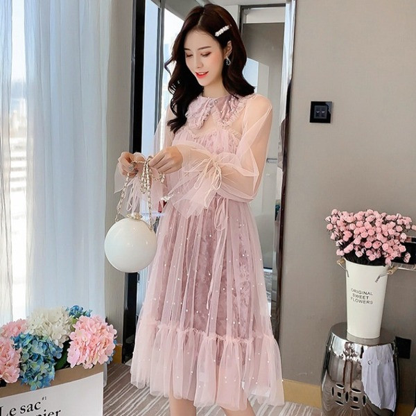 Rochie lunga de dama din tul si dantela stil retro in alb si roz