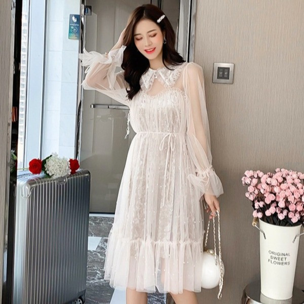 Rochie lunga de dama din tul si dantela stil retro in alb si roz