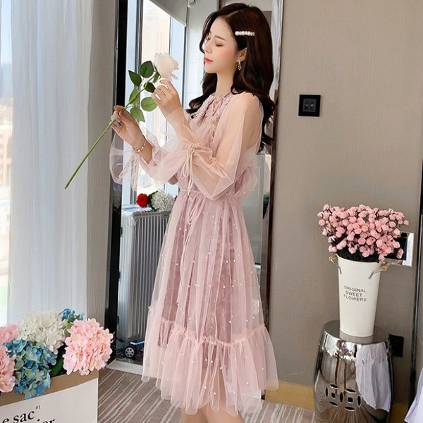 Rochie lunga de dama din tul si dantela stil retro in alb si roz