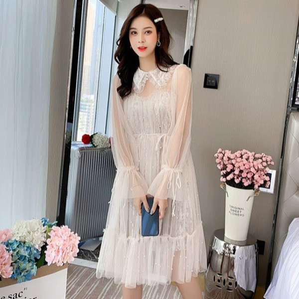 Rochie lunga de dama din tul si dantela stil retro in alb si roz