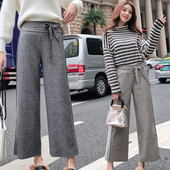 Pantaloni casual de dama din lana cu legaturi in talie in gri si bej