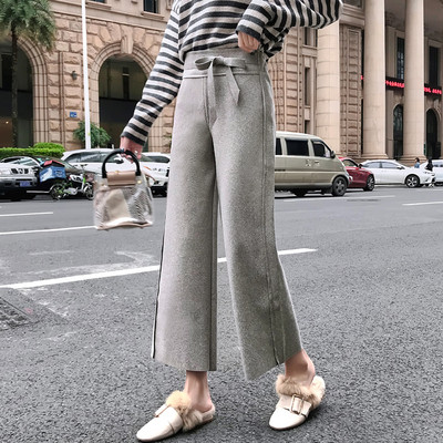 Pantaloni casual de dama din lana cu legaturi in talie in gri si bej