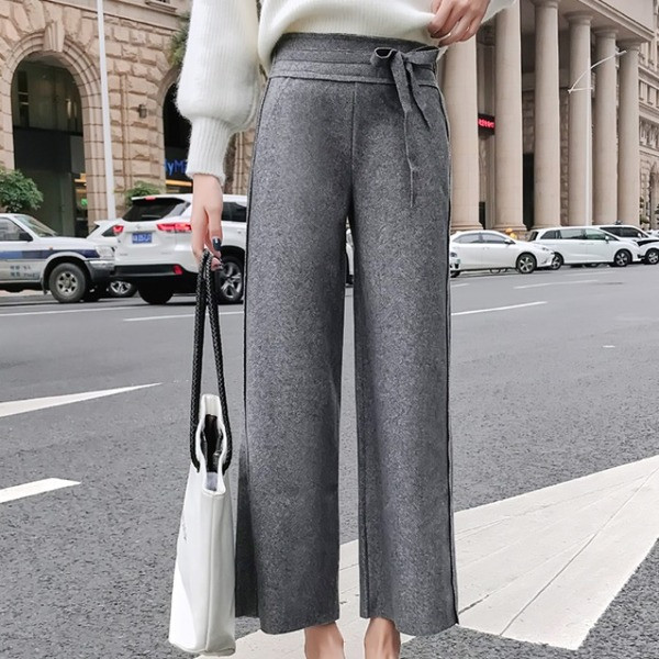 Pantaloni casual de dama din lana cu legaturi in talie in gri si bej