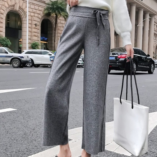 Pantaloni casual de dama din lana cu legaturi in talie in gri si bej