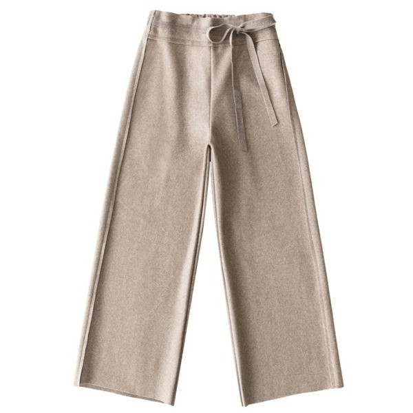 Pantaloni casual de dama din lana cu legaturi in talie in gri si bej