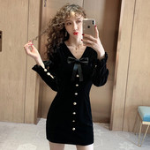 Rochie de dama in stil retro, neagra, cu panglica si decolteu in V