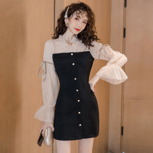 Rochie de dama cu nasturi si maneci din tul in negru - A-line