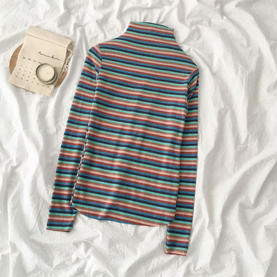 Csíkos női blúz két színben, félmagas gallérral és hosszú ujjal