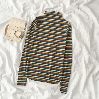 Csíkos női blúz két színben, félmagas gallérral és hosszú ujjal