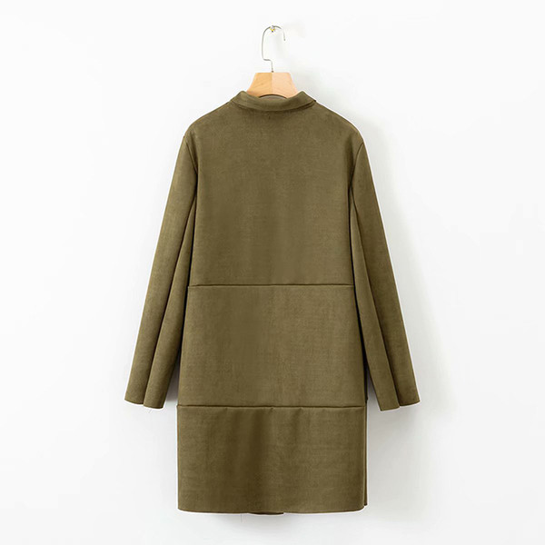 Късо пролетно-есенно палто от еко велур без закопчаване в зелен и кафяв цвят