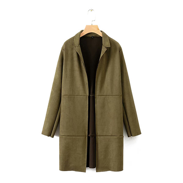 Късо пролетно-есенно палто от еко велур без закопчаване в зелен и кафяв цвят