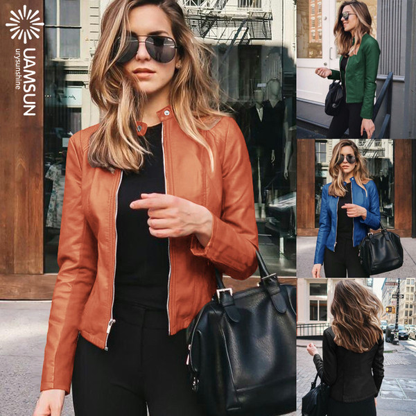 Geaca de piele de dama moderna potrivita pentru toamna si iarna in negru, verde, albastru si portocaliu