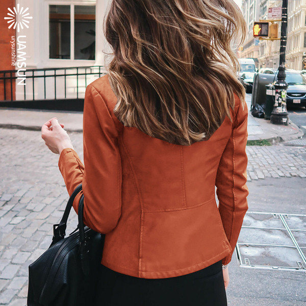 Geaca de piele de dama moderna potrivita pentru toamna si iarna in negru, verde, albastru si portocaliu