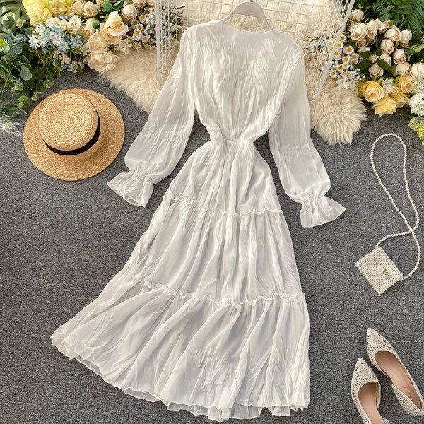 Női hosszú sifon ruha V-nyakkal, rózsaszín, fehér és fekete színben