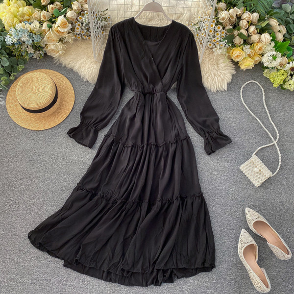 Női hosszú sifon ruha V-nyakkal, rózsaszín, fehér és fekete színben