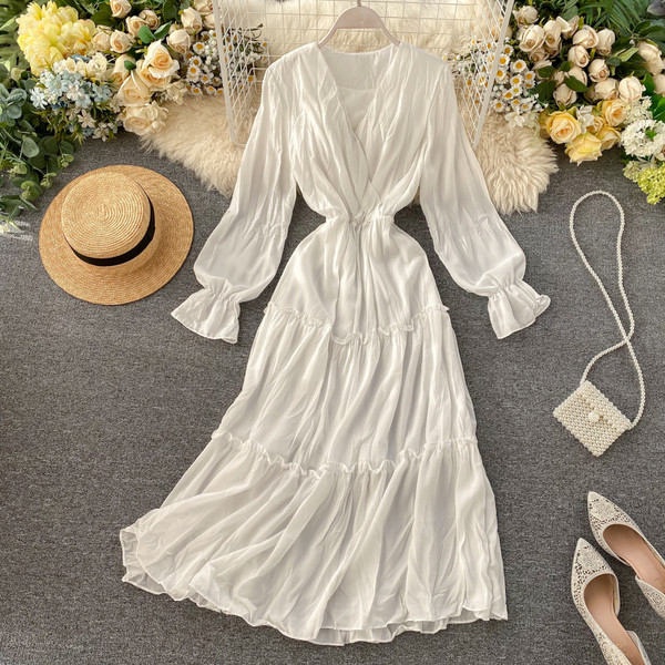 Női hosszú sifon ruha V-nyakkal, rózsaszín, fehér és fekete színben