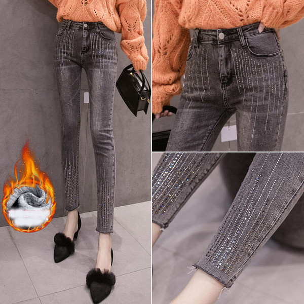 Blugi de dama cu pietre si talie inalta in gri si negru