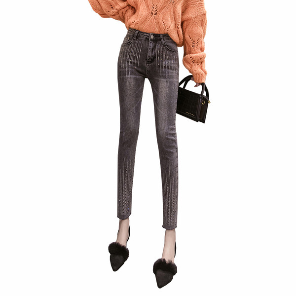 Blugi de dama cu pietre si talie inalta in gri si negru