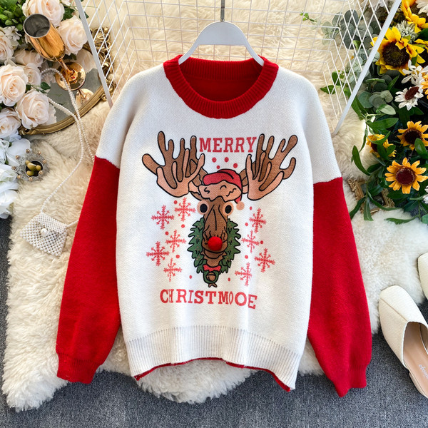 Női pulóver karácsonyi szarvas motívummal és kerek nyakkivágással piros, zöld és szürke színben