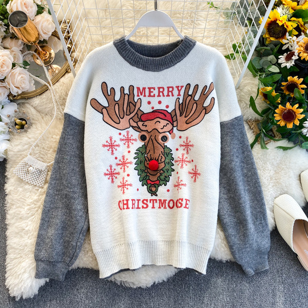 Női pulóver karácsonyi szarvas motívummal és kerek nyakkivágással piros, zöld és szürke színben