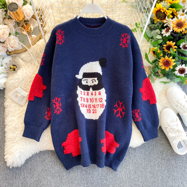 Pulover de Craciun cu decolteu oval in rosu si albastru