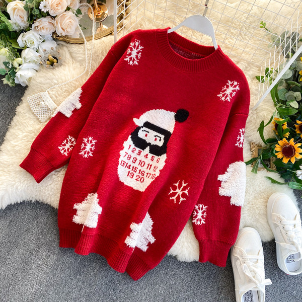 Pulover de Craciun cu decolteu oval in rosu si albastru