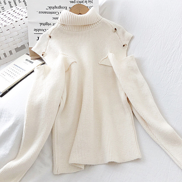 Modern női pulóver három színben, gombokkal és csupasz vállakkal