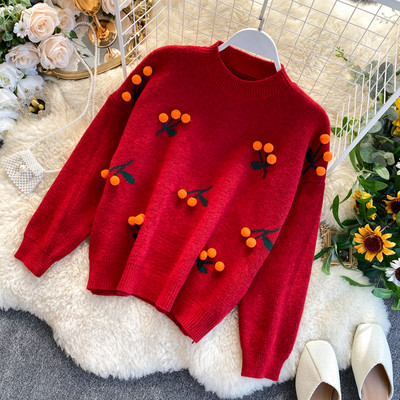 Masszív női pulóver 3D elemmel, kerek nyakkivágással zöld, piros és kék színekben