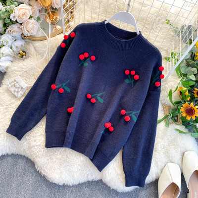 Masszív női pulóver 3D elemmel, kerek nyakkivágással zöld, piros és kék színekben