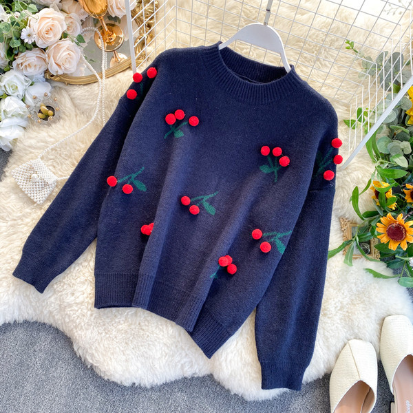 Masszív női pulóver 3D elemmel, kerek nyakkivágással zöld, piros és kék színekben