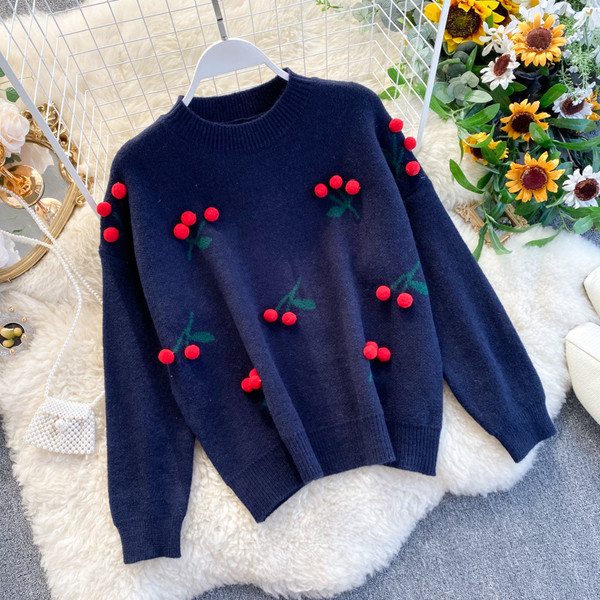 Masszív női pulóver 3D elemmel, kerek nyakkivágással zöld, piros és kék színekben