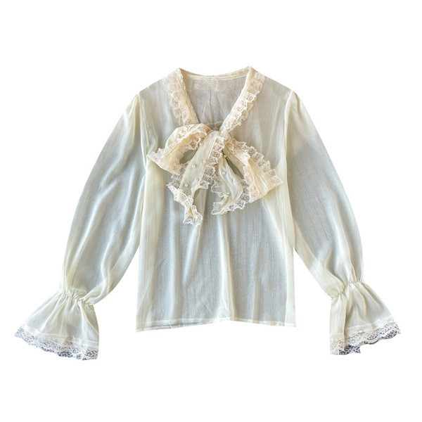 Stílusos női sifon ing csipkével és szalaggal, fekete, fehér, rózsaszín és bézs színben