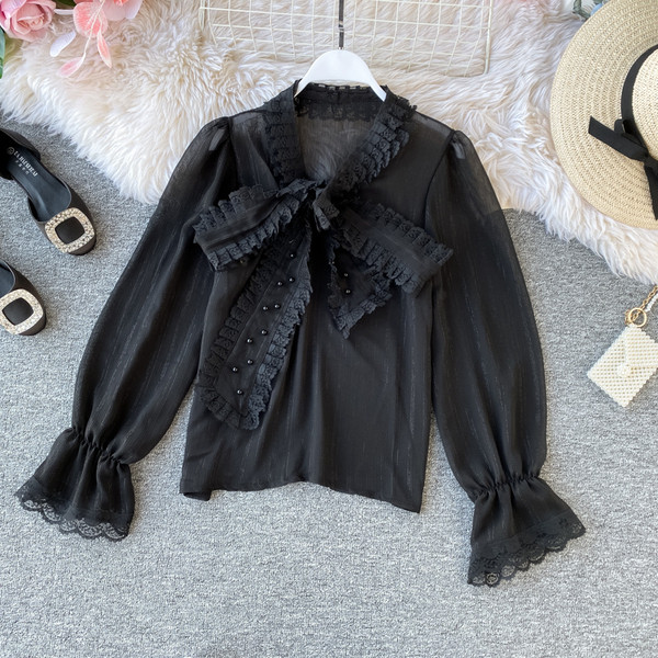 Stílusos női sifon ing csipkével és szalaggal, fekete, fehér, rózsaszín és bézs színben