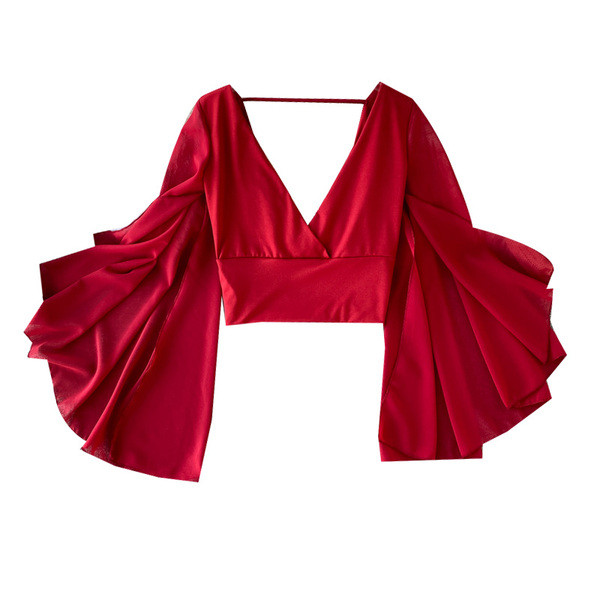 Modern női blúz spitz nyakkivágással és lótusz ujjú piros, fehér és fekete színben