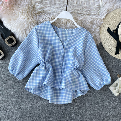 Cămașă de damă modernă în carouri cu nasturi și decolteu spitz în diferite culori