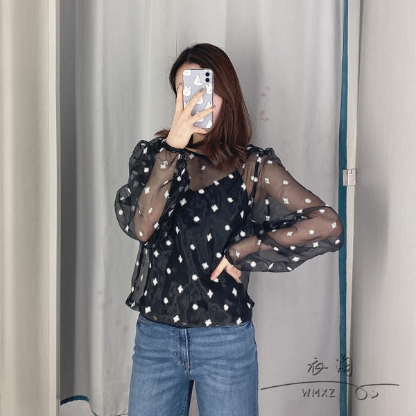 Bluză de damă modernă din șifon, cu mâneci largi, de culoare neagră