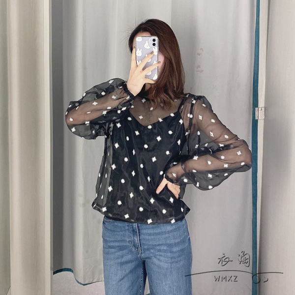 Bluză de damă modernă din șifon, cu mâneci largi, de culoare neagră