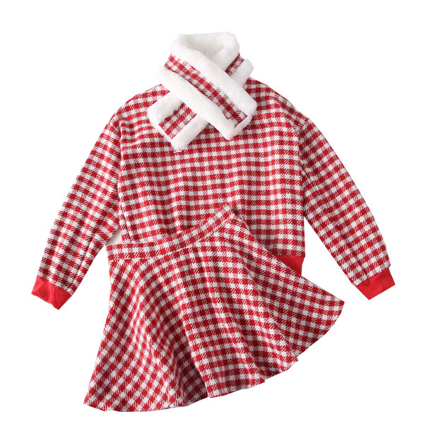 Új modell kockás női pulóver, sál és tweed szoknya szett piros és fekete színben