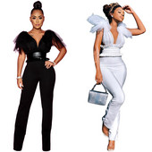 Elegáns női hosszú jumpsuit mély nyakkivágással és pántokkal fehér és fekete színben