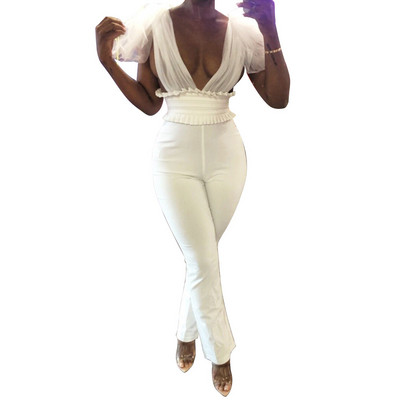 Elegáns női hosszú jumpsuit mély nyakkivágással és pántokkal fehér és fekete színben