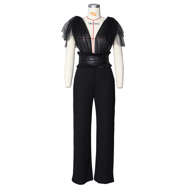 Elegáns női hosszú jumpsuit mély nyakkivágással és pántokkal fehér és fekete színben