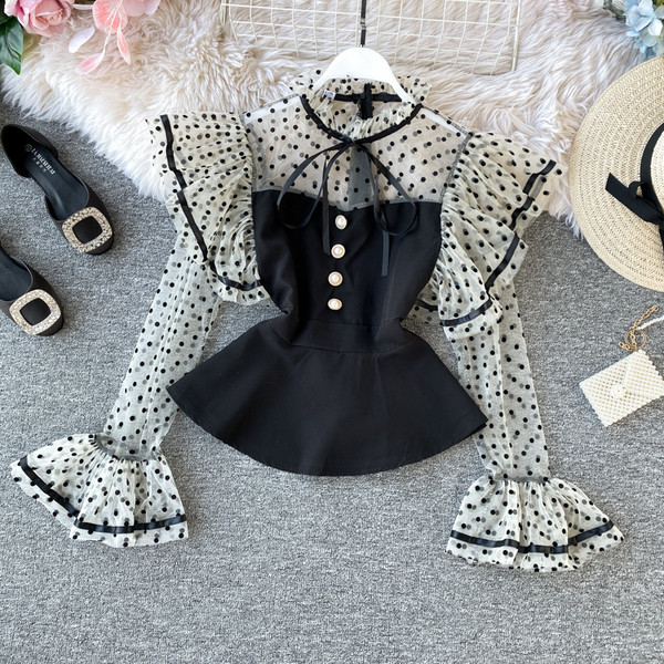 Ρετρό στυλ γυναικείο πουκάμισο με λευκό και μαύρο χρώμα με κορδέλα και μακρύ μανίκι