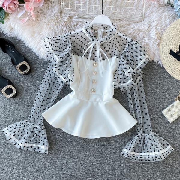 Ρετρό στυλ γυναικείο πουκάμισο με λευκό και μαύρο χρώμα με κορδέλα και μακρύ μανίκι