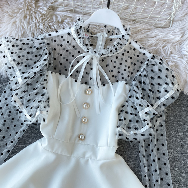 Ρετρό στυλ γυναικείο πουκάμισο με λευκό και μαύρο χρώμα με κορδέλα και μακρύ μανίκι